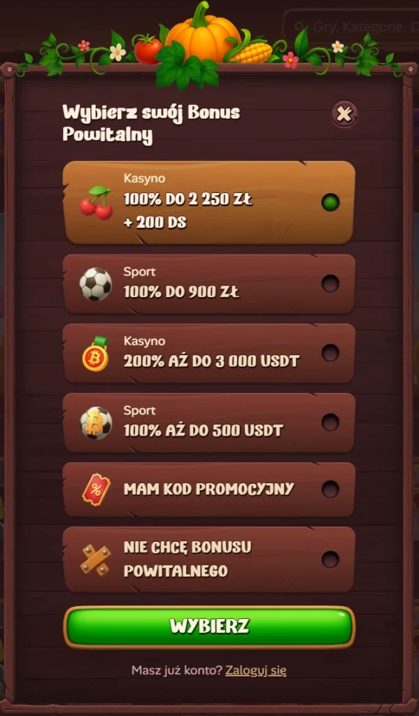 Wybór bonusów powitalnych w kasynie: kasyno 200% do 2 250 zł, sport 100% do 900 zł