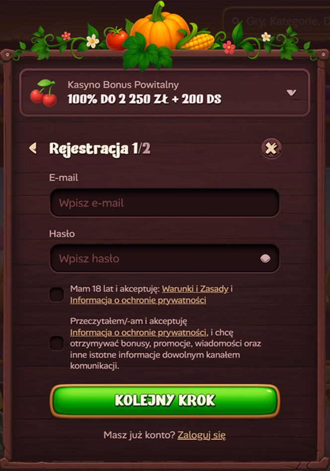 Formularz rejestracyjny Roostino Casino z polami na e-mail i hasło
