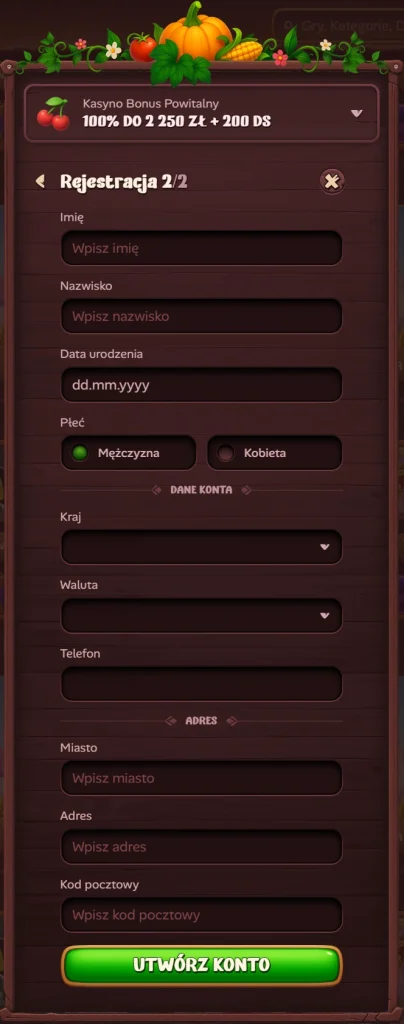 Formularz rejestracyjny Roostino Casino z polami do wpisania danych