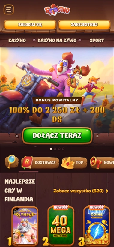 Roostino Casino mobilny ekran powitalny z bonusem 100% i 200 DS