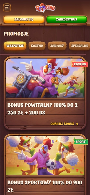 Roostino Casino: Bonus powitalny 100% do 250 zł + 200 DS