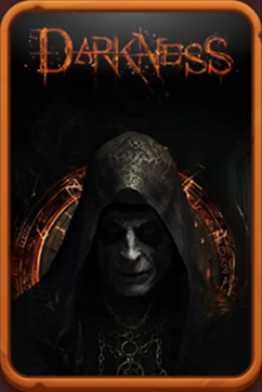 Mroczna postać w kapturze z symbolem "Darkness" na tle zegara